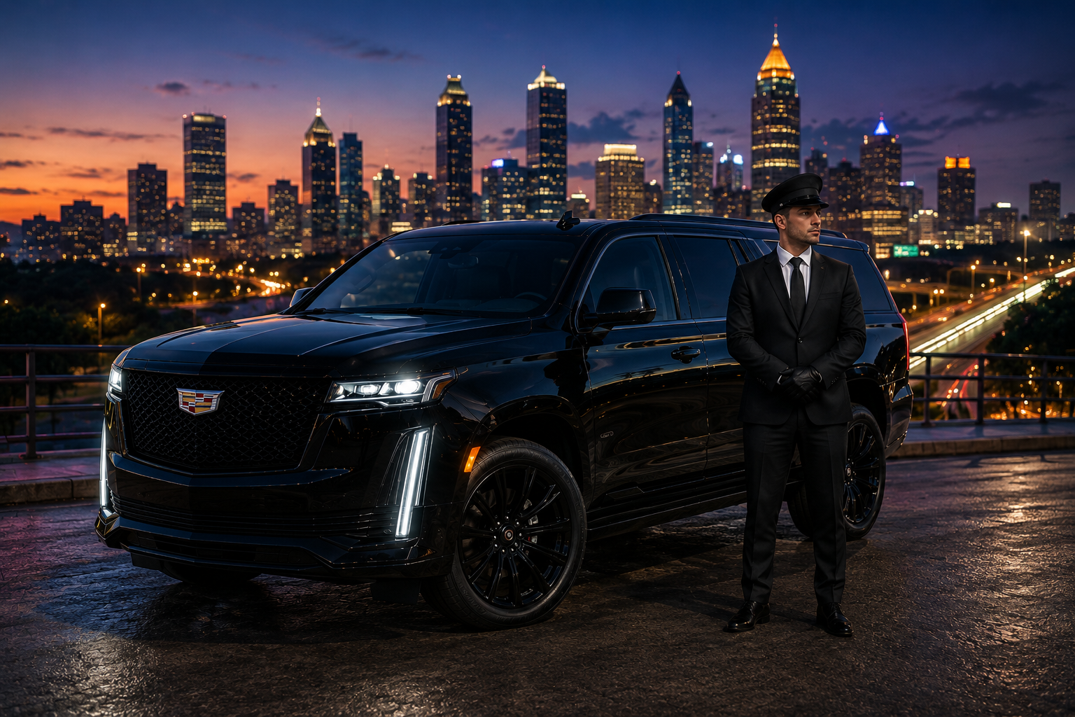 Professional chauffeur beside a luxury SUV